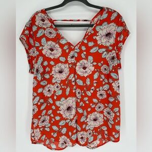 Halogen Double V-Neck Floral Blouse Size L Orange Short Sleeve Lightweight